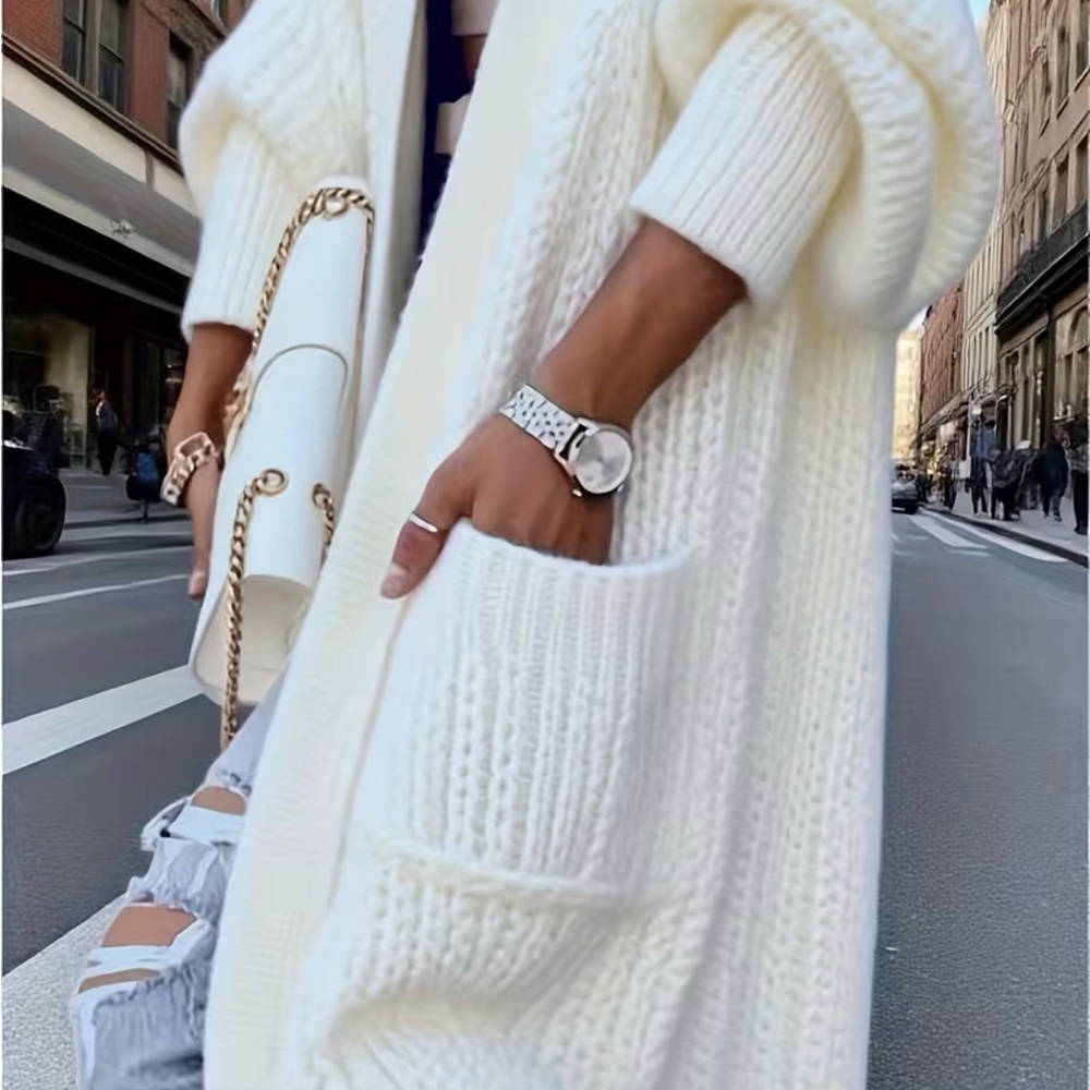 Women's White Long Cable-Knit Open Cardigan Sweater.  #35